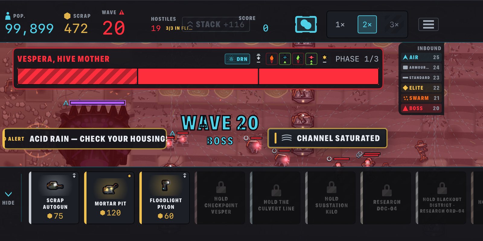 End of Days gameplay: Vespera, Hive Mother, attacks at wave 20 on Cinderfield under an acid-rain alert.
